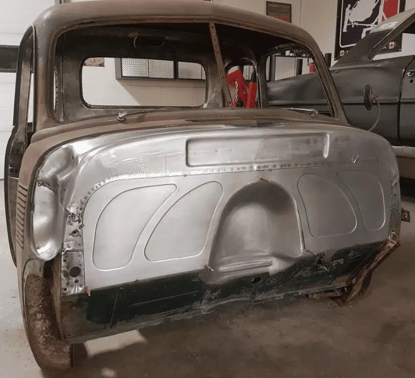 1947-54 Chevy firewall filler panel tacked in place