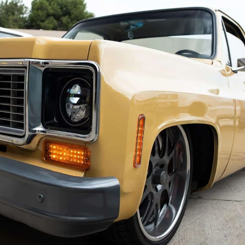 Amber lens LED side marker shown installed on a 1973-80 Chevy GMC truck fender