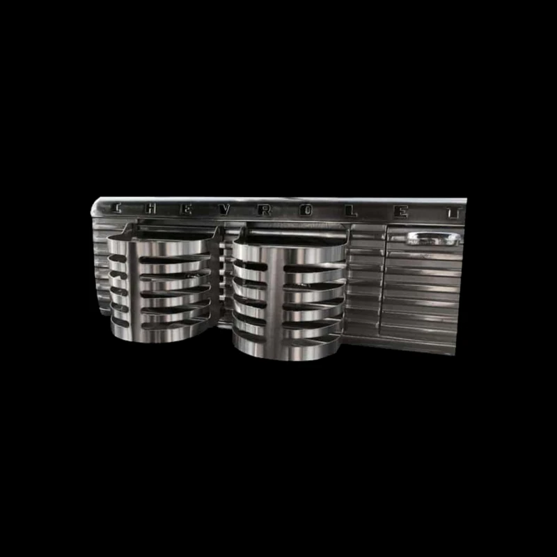 1947-53 cup holders in stainless steel clipped into a Chevy truck dash grille