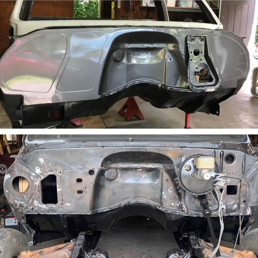 Bead rolled firewall shown installed in a 73-87 Chevy squarebody truck