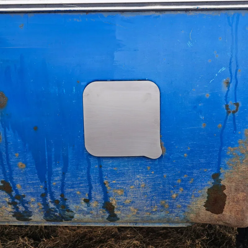 Gas filler delete panel shown installed on a 79-87 Chevy squarebody truck bedside