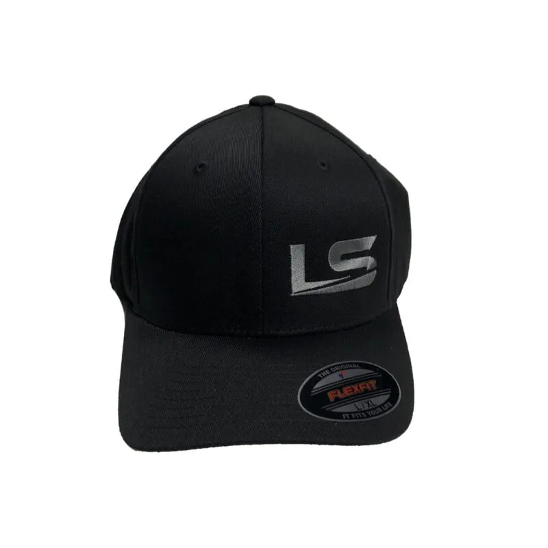 Charcoal grey embroidered LS Fabrication Flexfit hat, front view
