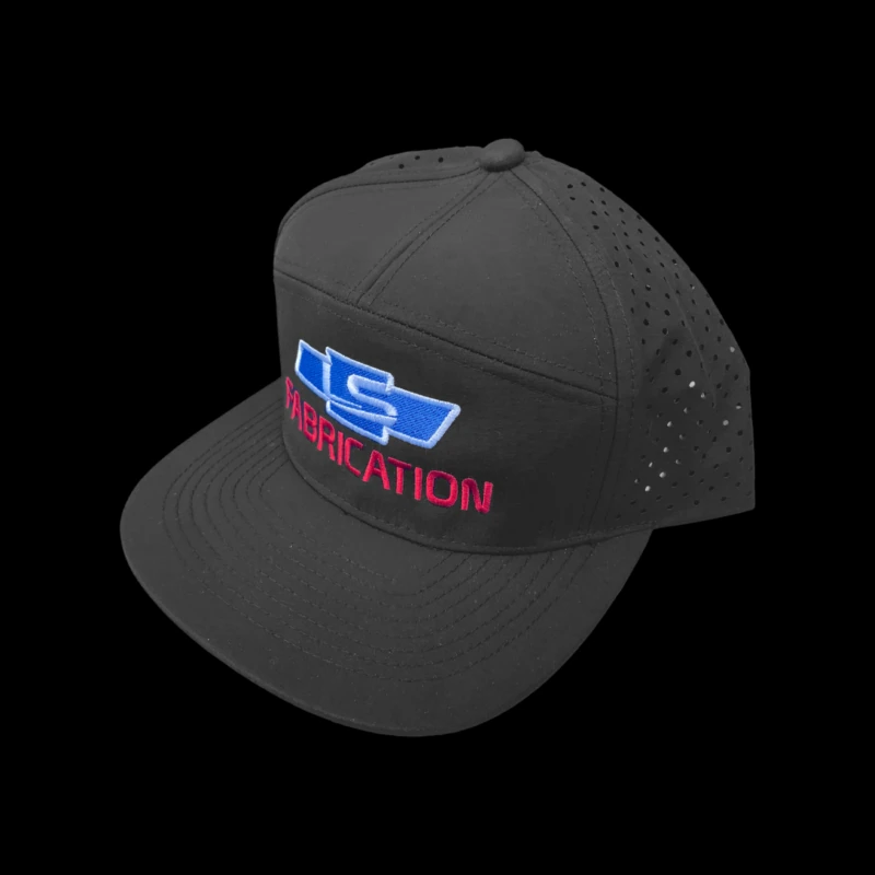 LS Fabrication vintage logo snapback, front patch detail