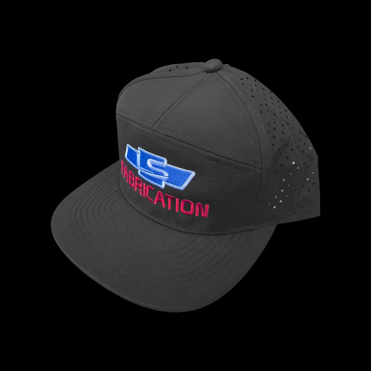 LS Fabrication vintage logo snapback, front patch detail