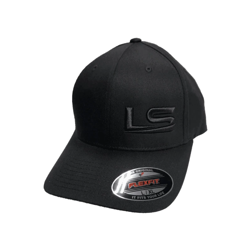 LS Fabrication logo hat in black with black LS embroidery, curved brim