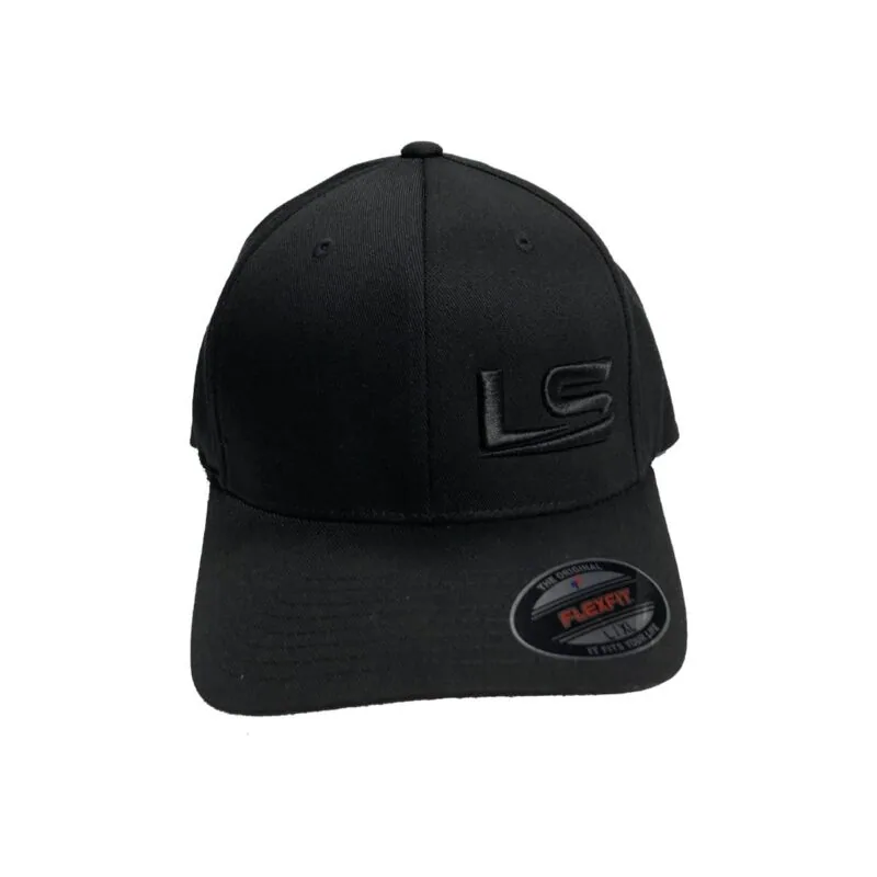 Black LS Fabrication Flexfit hat, side view of the curved brim