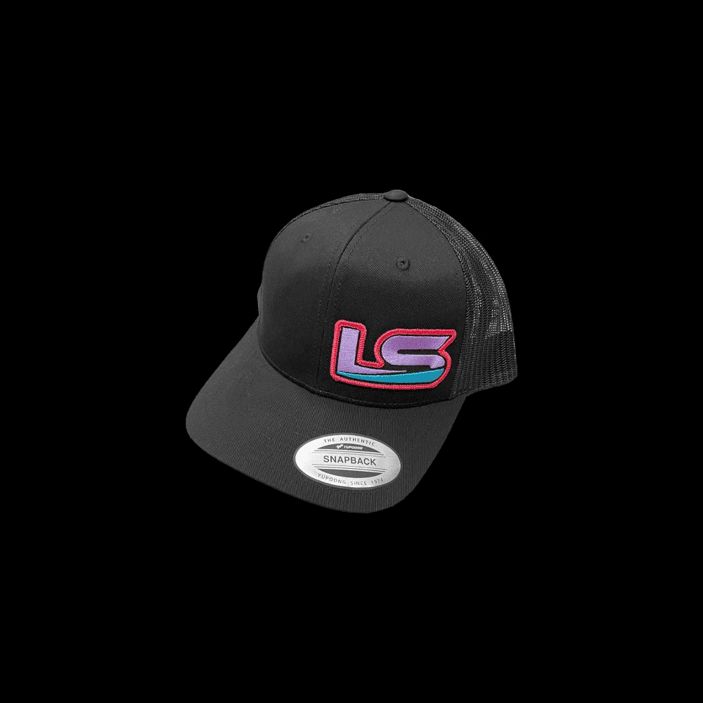 LS Fabrication retro hat in black, trucker style curved brim