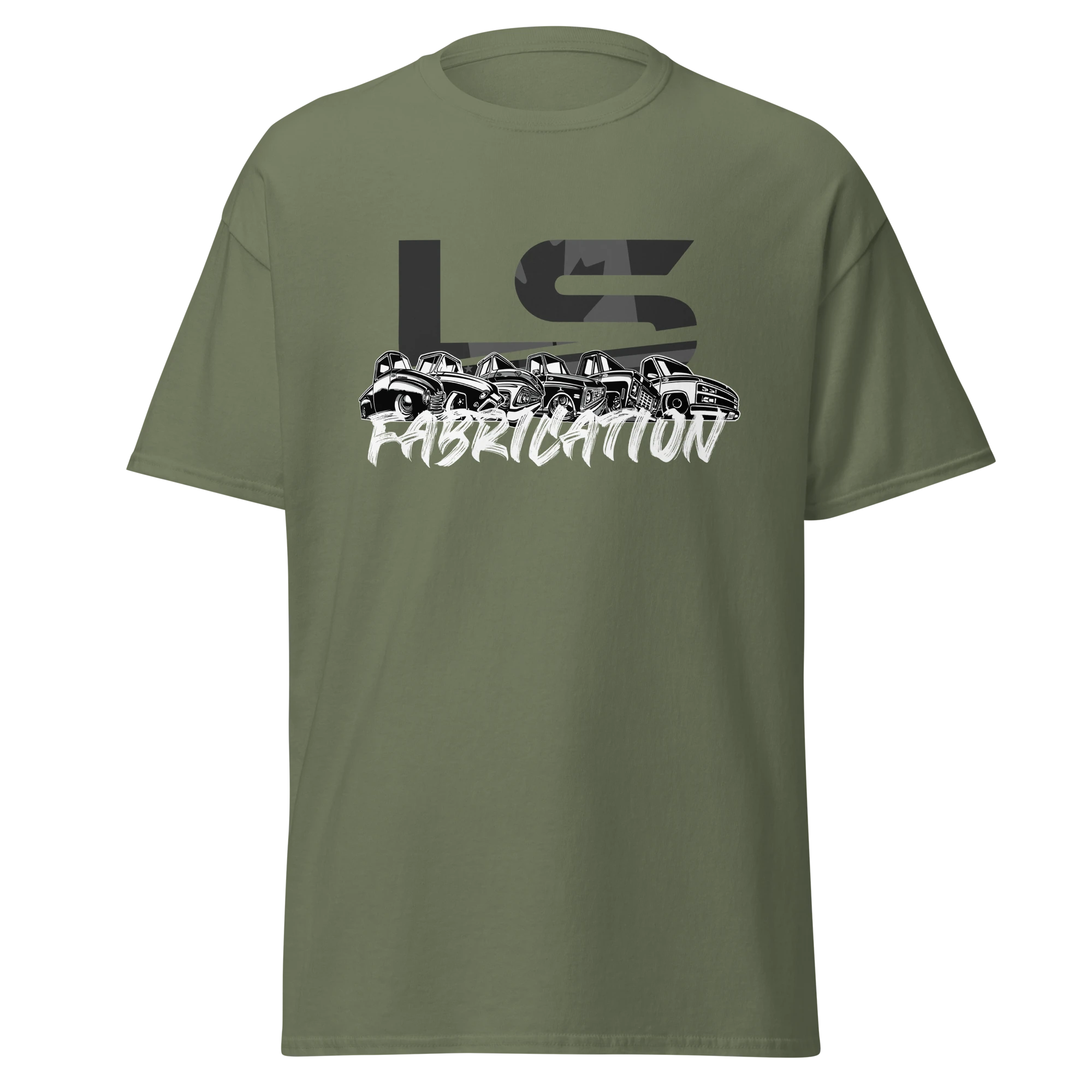 LS Fabrication Chevolution tee in military green, front print