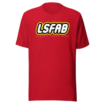 LS Fabrication Blocks logo tee in red, front print