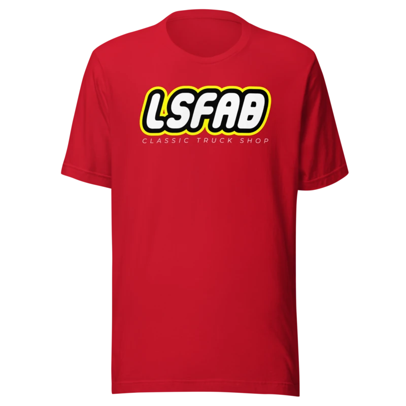 LS Fabrication Blocks logo tee in red, front print