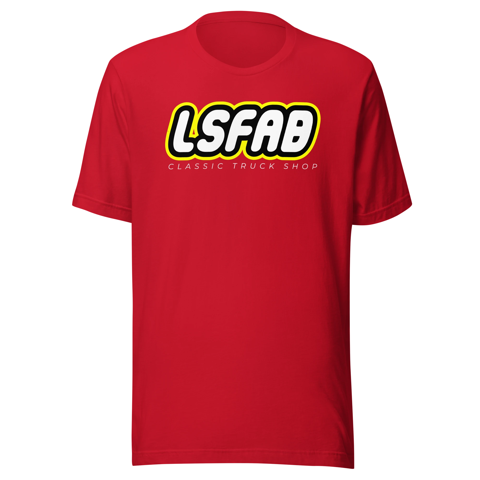 LS Fabrication Blocks logo tee in red, front print