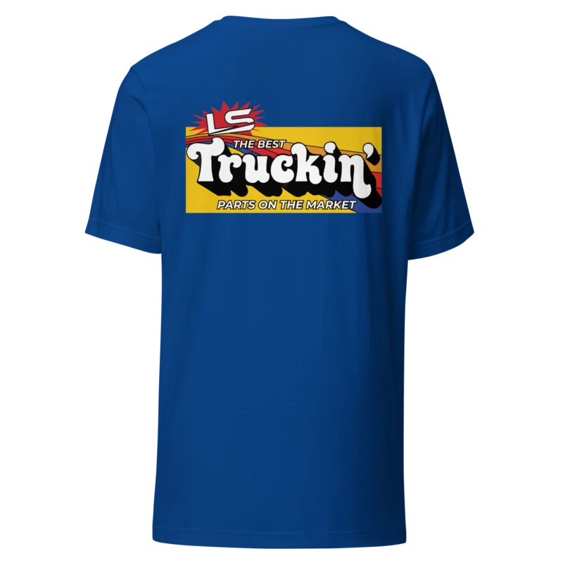 Truckin' unisex staple tee in true royal blue, back print