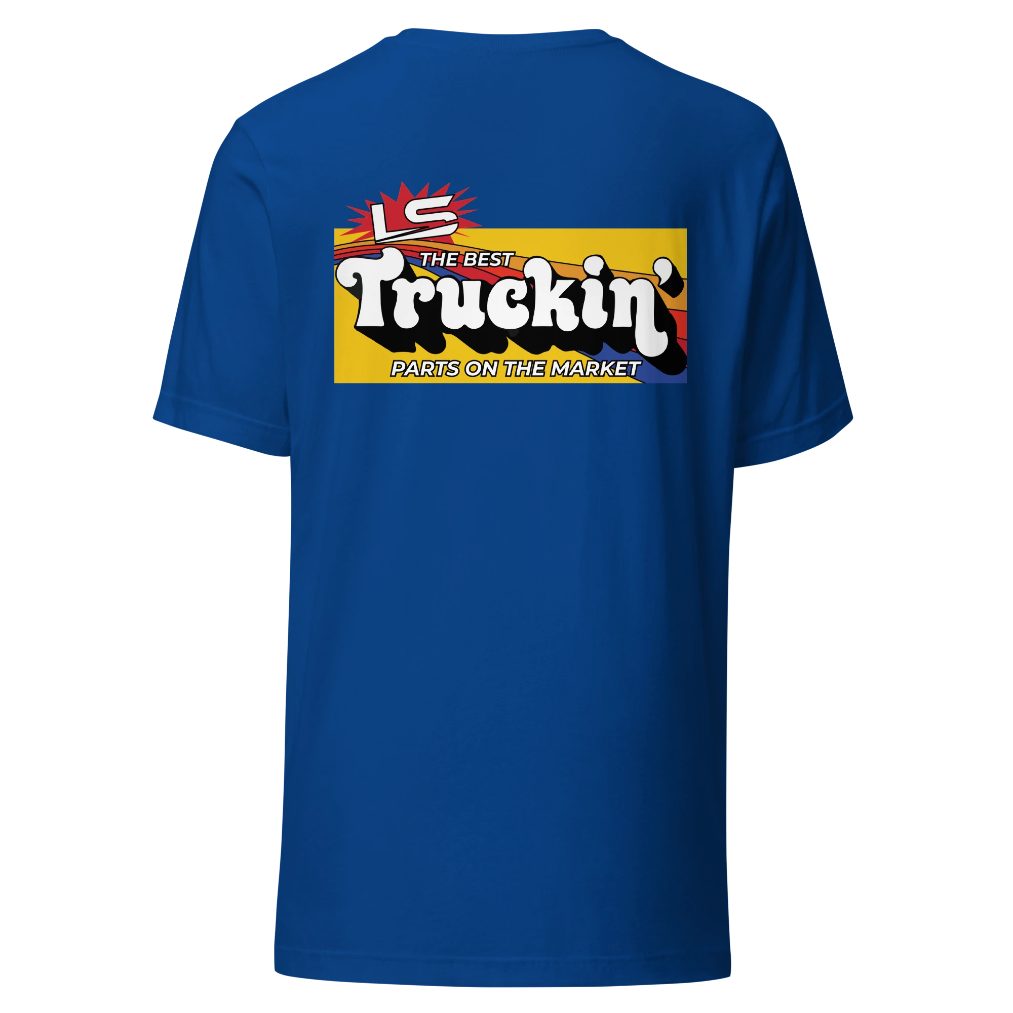 Truckin' unisex staple tee in true royal blue, back print