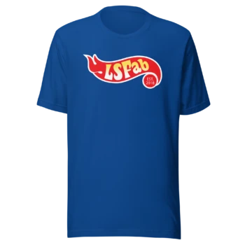 LS Fabrication Hot Wheel tee in true royal blue, front print