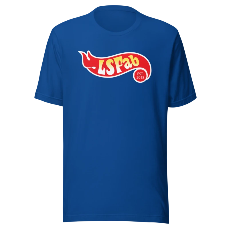 LS Fabrication Hot Wheel tee in true royal blue, front print