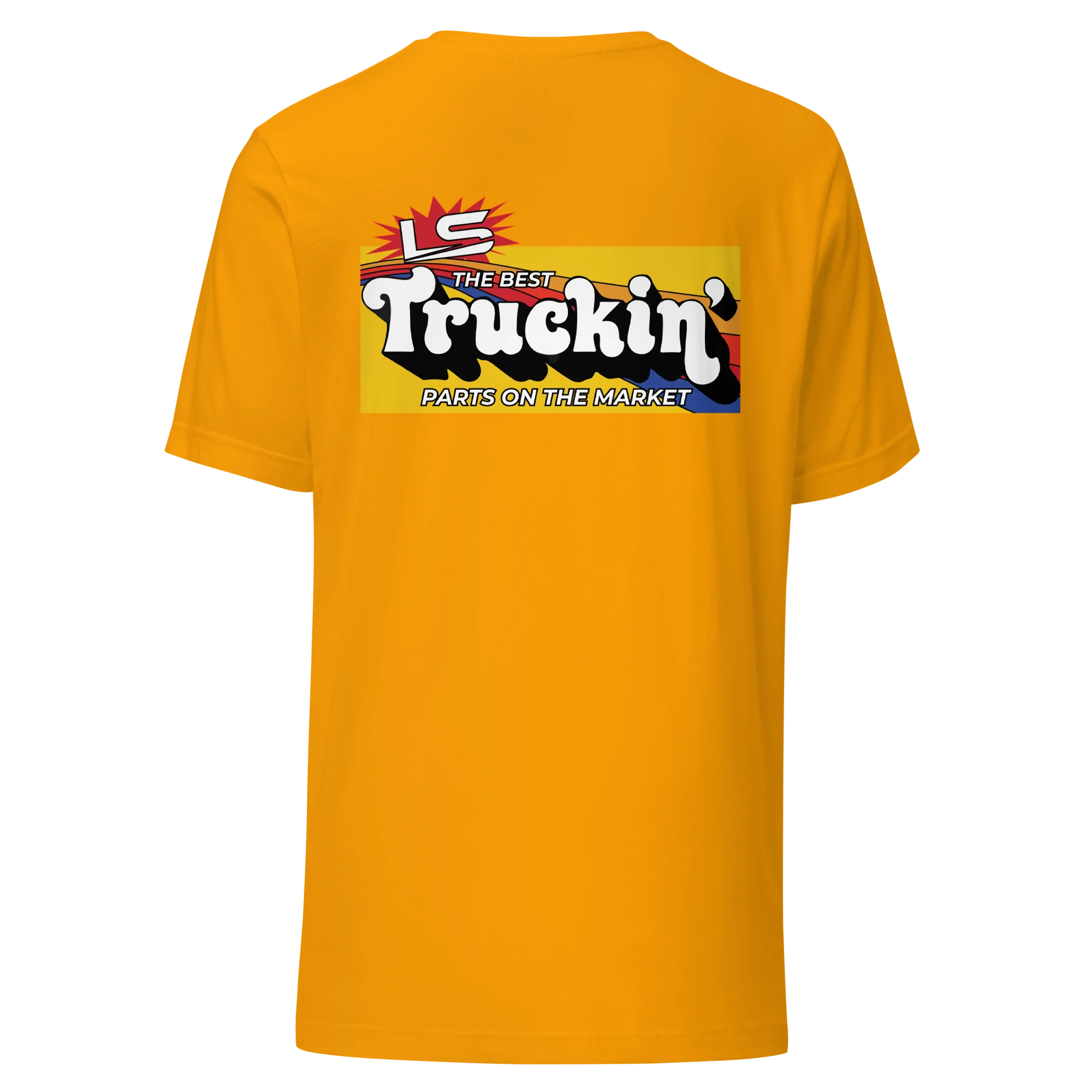 Truckin' unisex staple tee in gold, back print