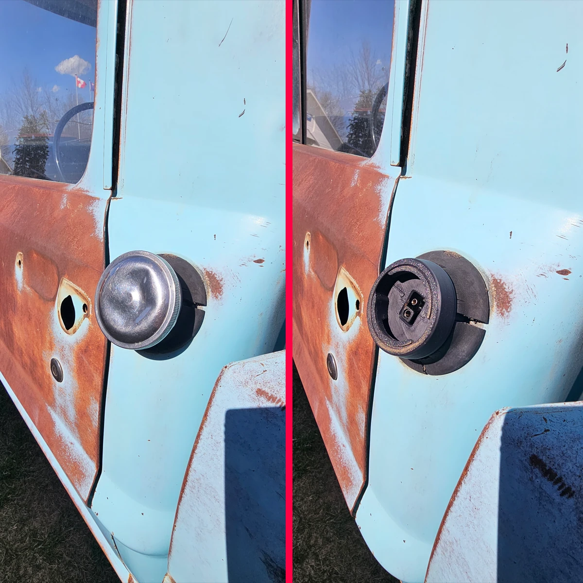 Charge port mounted in the fuel filler location on a 67-72 Ford truck