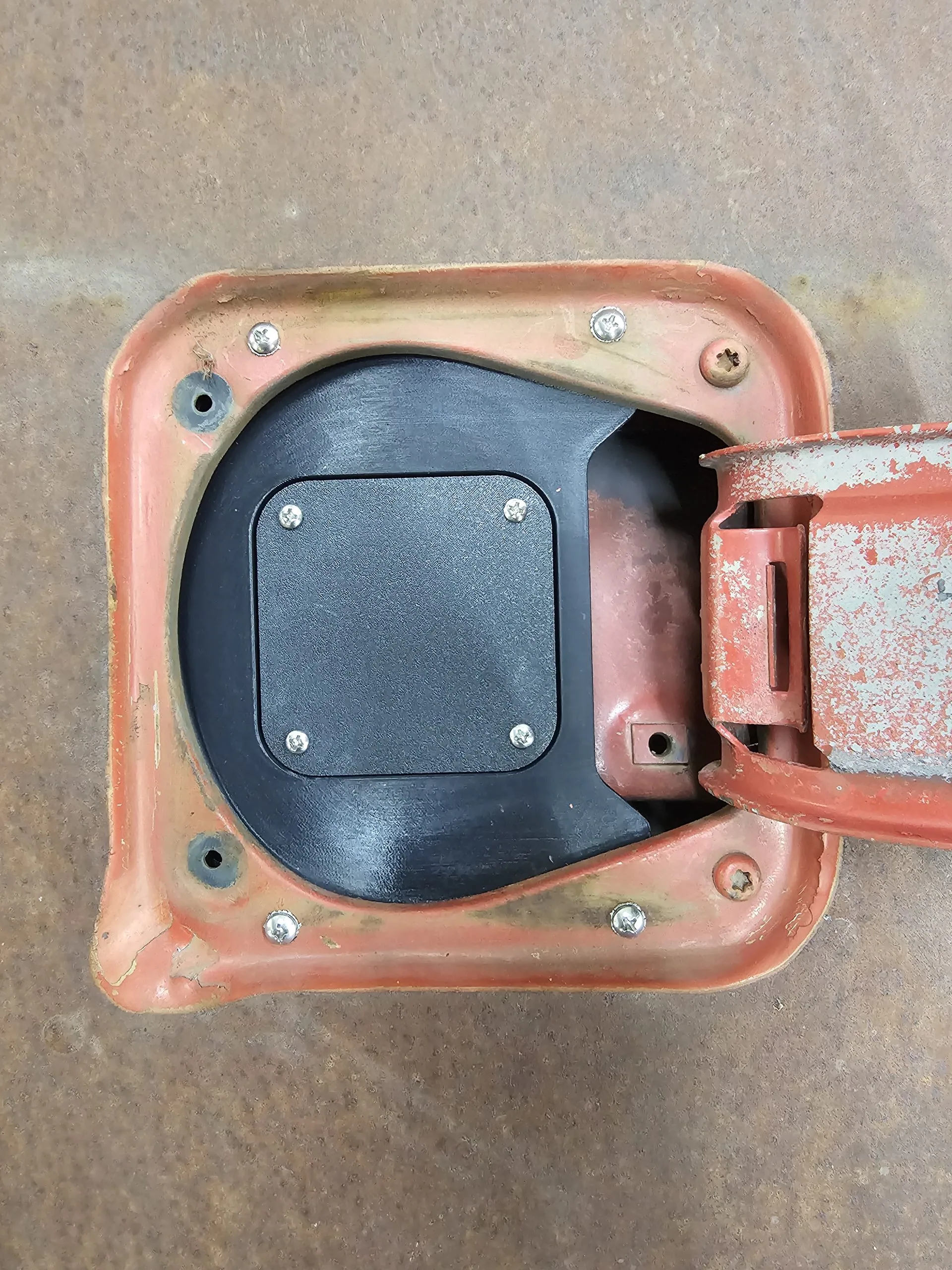 Fuel filler charger port shown installed on a 77-91 GMC Chevy squarebody truck